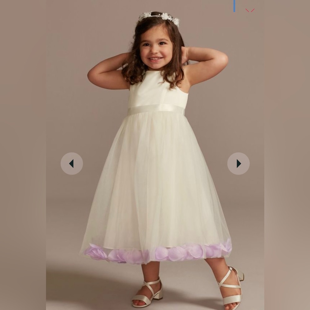 DAVID’S BRIDAL

satin tulle flower girl dress with colored petals